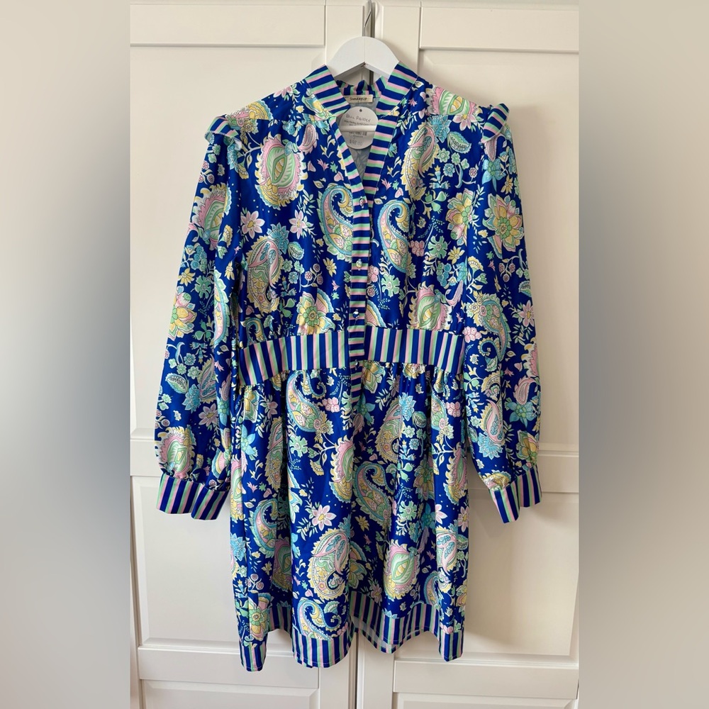 SundayUp Kadee Blue Paisley Button Down Dress Ruffle Details Size:Large